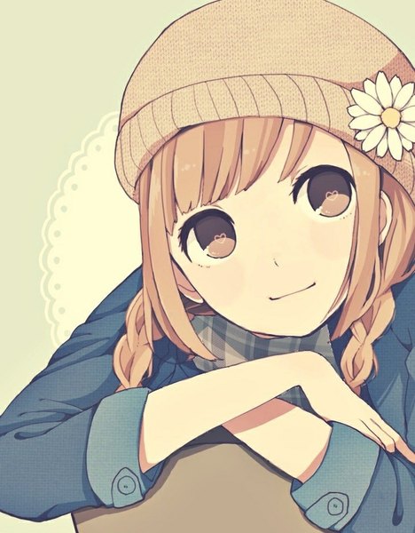 Anime picture 731x938 with marin (pixiv3942767) single long hair tall image fringe brown hair brown eyes looking away light smile symbol-shaped pupils crossed arms yellow background girl flower (flowers) heart scarf chair cap