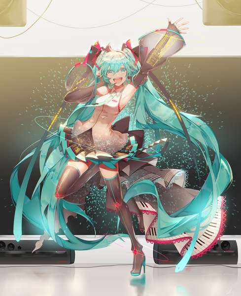 Anime picture 2827x3466 with vocaloid hatsune miku saihate (d3) single tall image looking at viewer fringe highres open mouth hair between eyes standing twintails full body very long hair arm up aqua eyes aqua hair armpit (armpits) high heels zettai ryouiki