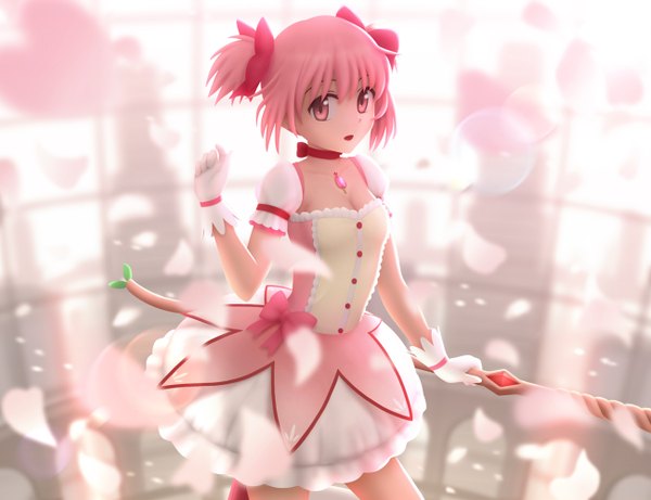 Anime picture 1300x1000 with mahou shoujo madoka magica shaft (studio) kaname madoka siraha single looking at viewer short hair open mouth smile twintails pink hair cleavage pink eyes short sleeves puffy sleeves cherry blossoms short twintails magical girl girl dress