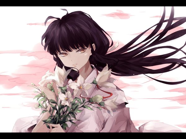 Anime picture 1400x1045 with inuyasha kikyou (inuyasha) saik (pixiv2239866) single long hair black hair ahoge ponytail japanese clothes wind letterboxed miko girl flower (flowers)