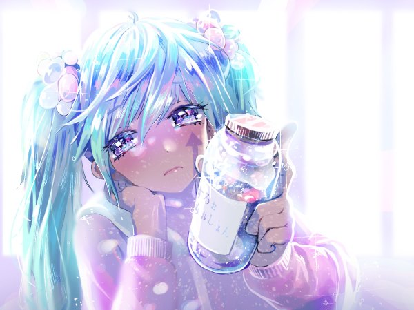 Anime picture 1200x900 with vocaloid slow motion (vocaloid) hatsune miku merifu single long hair looking at viewer blush fringe blue eyes hair between eyes twintails upper body aqua hair arm support sparkle outstretched hand girl hair ornament sweater