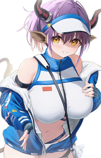 Anime picture 1457x2286 with arknights sideroca (arknights) sideroca (light breeze) (arknights) nokke o single tall image fringe short hair breasts light erotic simple background smile hair between eyes large breasts white background animal ears yellow eyes purple hair tail animal tail