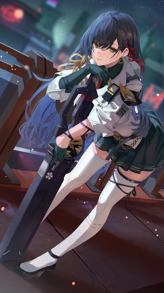 Anime picture 3240x5760 with tower of fantasy lin (tower of fantasy) leviathan (hikinito0902) single long hair tall image looking at viewer fringe highres breasts black hair hair between eyes standing green eyes absurdres full body outdoors braid (braids) multicolored hair night