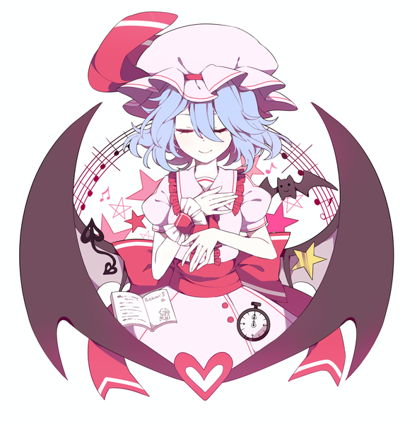Anime picture 2085x2121 with touhou remilia scarlet gla single tall image fringe highres short hair simple background smile hair between eyes white background blue hair upper body eyes closed short sleeves puffy sleeves hand on chest demon wings treble clef