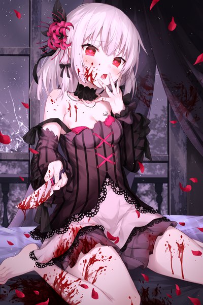 Anime picture 3150x4724 with virtual youtuber nijisanji virtuareal chiyuu (virtuareal) devil heavens single tall image looking at viewer blush fringe highres short hair open mouth red eyes sitting holding payot absurdres cleavage silver hair