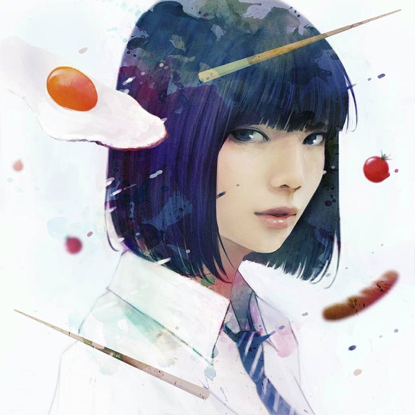 Anime picture 1024x1024 with original wataboku single looking at viewer fringe short hair blue eyes simple background white background purple hair parted lips lips realistic portrait girl necktie vegetables fried eggs