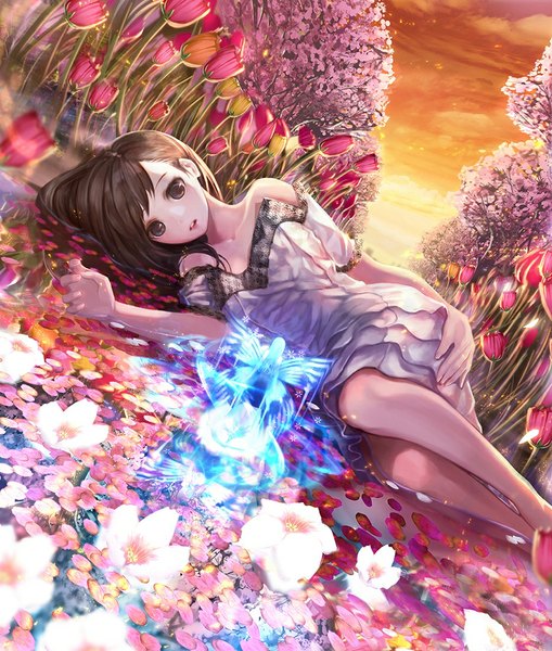 Anime picture 934x1100 with original jname long hair tall image open mouth brown hair bare shoulders brown eyes looking away sky cloud (clouds) barefoot sunlight cherry blossoms evening surprised fairy dress flower (flowers) plant (plants)