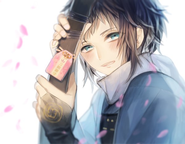 Anime picture 909x708 with touken ranbu nitroplus yamato no kami yasusada deletesk single looking at viewer blush fringe short hair blue eyes black hair simple background white background holding traditional clothes japanese clothes boy petals sheath