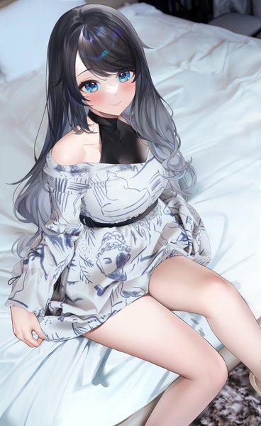 Anime picture 3067x5000 with original machi (7769) single long hair tall image looking at viewer blush fringe highres blue eyes black hair smile sitting bare shoulders absurdres indoors from above off shoulder gradient hair girl