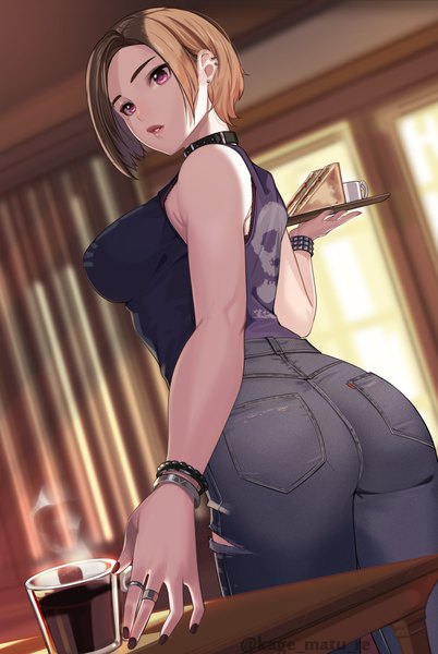 Anime picture 1646x2456 with original kagematsuri single tall image fringe short hair breasts light erotic brown hair large breasts standing holding signed ass indoors nail polish parted lips pink eyes lips from behind