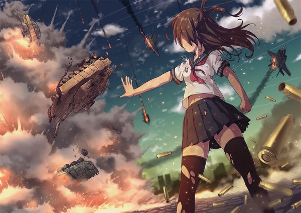 Anime picture 1600x1131 with original aki (akisora hiyori) single long hair fringe standing cloud (clouds) pleated skirt wind from below depth of field zettai ryouiki outstretched arm smoke fighting stance explosion war girl thighhighs skirt