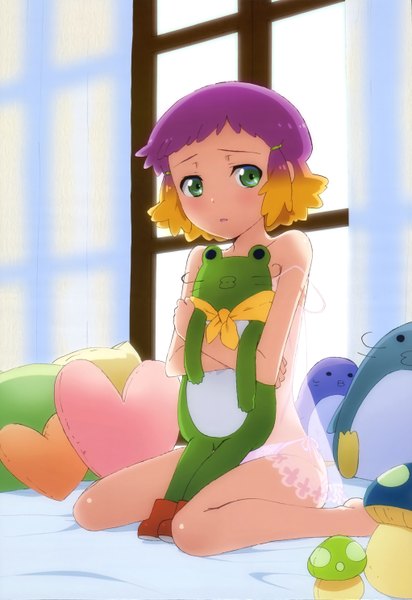 Anime picture 4081x5937 with aquarion (series) aquarion evol nyantype satelight yunoha thrul tall image looking at viewer blush highres short hair green eyes absurdres cleavage multicolored hair official art loli girl toy stuffed animal