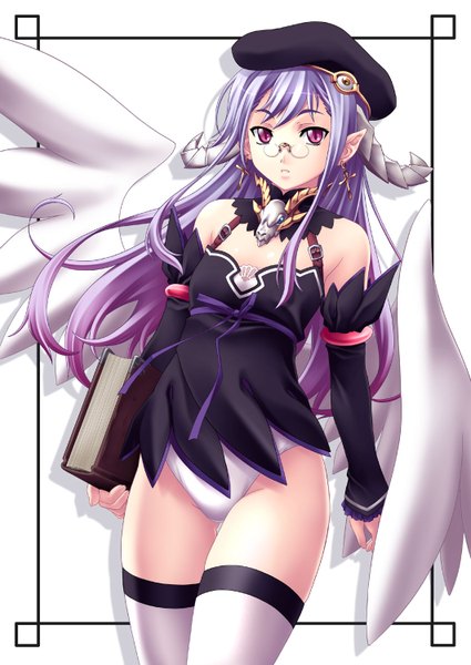 Anime picture 1062x1500 with original nagayori long hair tall image light erotic white background bare shoulders purple hair pink eyes horn (horns) pointy ears angel wings girl thighhighs underwear panties detached sleeves earrings white thighhighs glasses