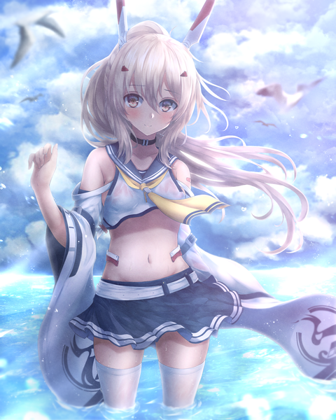 Anime picture 2400x3000 with azur lane ayanami (azur lane) absent single long hair tall image looking at viewer fringe highres light erotic blonde hair smile hair between eyes standing bare shoulders brown eyes sky cloud (clouds) outdoors ponytail