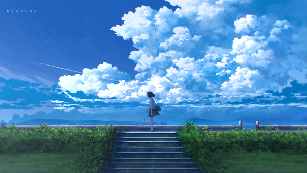 Anime picture 3840x2160 with original aeuna single highres short hair black hair wide image standing signed absurdres sky cloud (clouds) full body outdoors short sleeves scenic girl skirt uniform plant (plants)