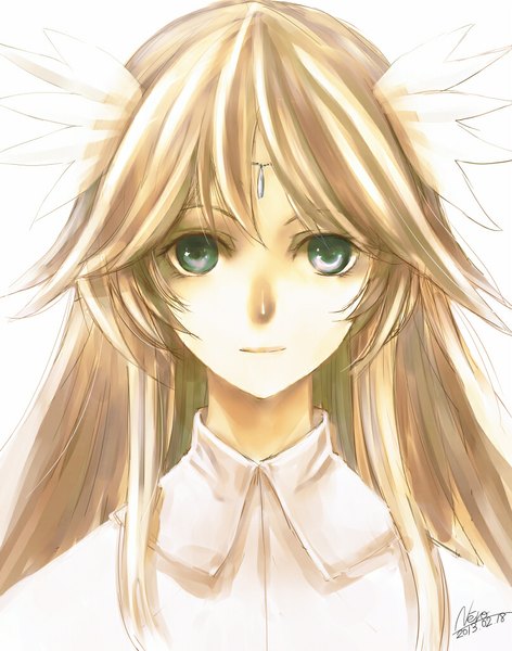 Anime picture 806x1024 with touhou kikuri (touhou) kuroneko nero single long hair tall image looking at viewer simple background blonde hair white background signed aqua eyes portrait girl