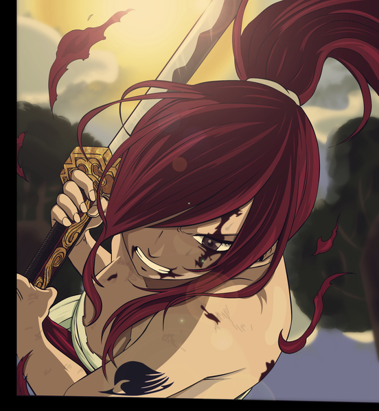 Anime picture 2052x2232 with fairy tail erza scarlet metalboyii single long hair tall image highres brown eyes sky cloud (clouds) ponytail red hair sunlight tattoo coloring face angry girl plant (plants) sword