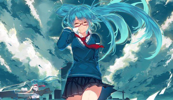 Anime picture 3000x1738 with vocaloid monochro blue sky (vocaloid) hatsune miku junp highres wide image twintails multiple girls sky cloud (clouds) eyes closed very long hair aqua hair girl skirt 2 girls glasses necktie