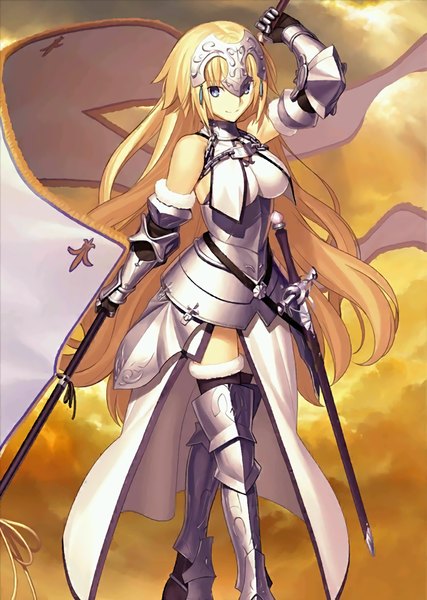Anime picture 819x1152 with fate (series) fate/apocrypha type-moon jeanne d'arc (fate) (all) jeanne d'arc (fate) takeuchi takashi single long hair tall image looking at viewer breasts blue eyes blonde hair smile standing bare shoulders holding cloud (clouds) arm up sunlight