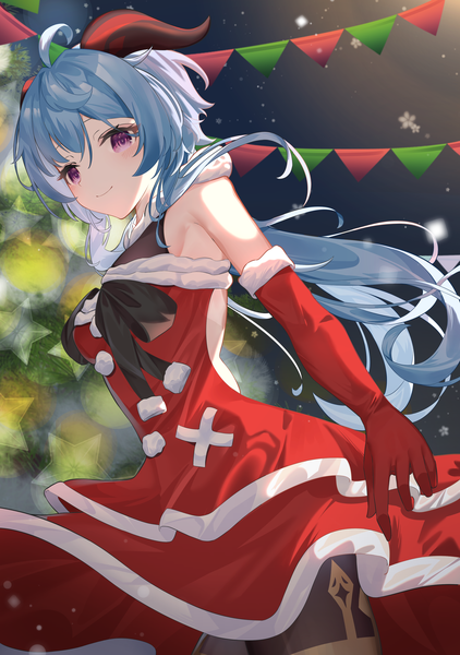 Anime picture 2825x4014 with genshin impact ganyu (genshin impact) miku rasha single long hair tall image looking at viewer highres smile purple eyes blue hair ahoge outdoors horn (horns) from below christmas girl dress gloves elbow gloves