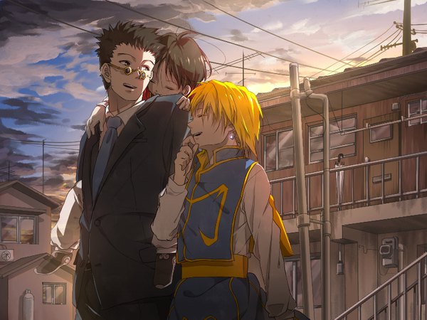 Anime picture 800x600 with hunter x hunter kurapica leorio paladiknight pairo po (poppa-pict) short hair open mouth black hair blonde hair looking away sky cloud (clouds) full body outdoors eyes closed profile looking back black eyes sunlight multiple boys