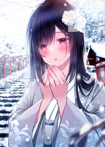 Anime picture 2976x4175 with original kuro namako single long hair tall image looking at viewer blush fringe highres open mouth black hair red eyes upper body outdoors traditional clothes japanese clothes hair flower wide sleeves arms up floral print