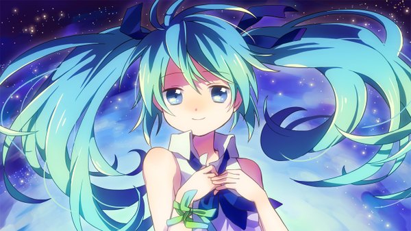 イラスト 1280x720 と ボーカロイド 初音ミク sakuro 長髪 笑顔 wide image ツインテール aqua eyes aqua hair 女の子