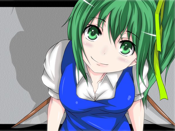 Anime picture 1600x1200 with touhou daiyousei s-ghost single long hair looking at viewer blush fringe breasts smile large breasts green eyes ponytail green hair from above shadow short sleeves puffy sleeves girl ribbon (ribbons)