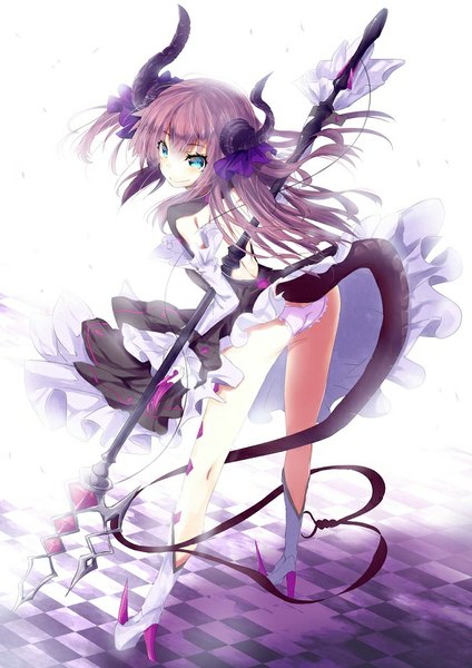 Anime picture 608x860 with fate (series) fate/extra fate/extra ccc type-moon elizabeth bathory (fate) (all) elizabeth bathory (fate) hizaka single long hair tall image looking at viewer blush fringe blue eyes light erotic smile standing purple hair tail horn (horns)