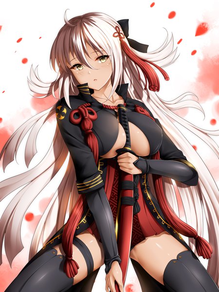 Anime picture 1500x2000 with fate (series) fate/grand order koha-ace okita souji (fate) (all) okita souji alter (fate) wsman single long hair tall image looking at viewer blush fringe breasts light erotic simple background hair between eyes large breasts white background sitting holding