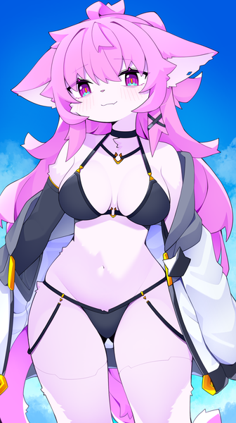 Anime picture 1680x3000 with original dev voxy single long hair tall image looking at viewer blush fringe breasts light erotic hair between eyes standing animal ears pink hair sky tail long sleeves pink eyes light smile off shoulder