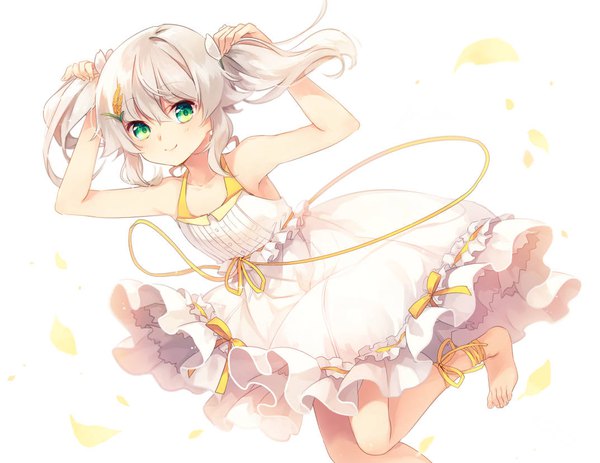 Anime picture 1073x829 with original shinia single long hair looking at viewer blush smile white background twintails green eyes white hair barefoot bare legs girl dress ribbon (ribbons) petals white dress sundress
