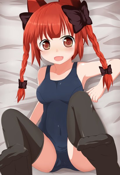 Anime picture 1510x2200 with touhou kaenbyou rin masa masa long hair tall image blush open mouth light erotic red eyes animal ears red hair braid (braids) cat ears twin braids extra ears girl thighhighs bow black thighhighs swimsuit