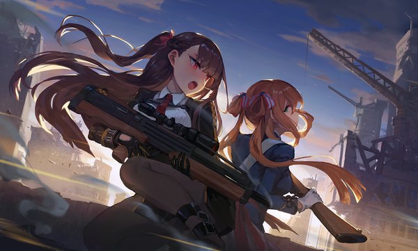 Anime picture 1400x843 with girls frontline wa2000 (girls frontline) m1903 springfield (girls frontline) ecien long hair blush fringe open mouth hair between eyes red eyes brown hair wide image twintails multiple girls holding green eyes looking away sky cloud (clouds) bent knee (knees)