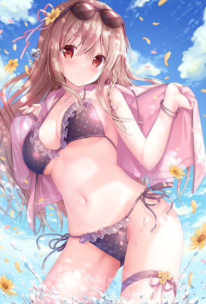 Anime picture 1089x1600 with original maeda shiori sousouman single long hair tall image looking at viewer blush fringe breasts light erotic smile hair between eyes red eyes brown hair large breasts sky cleavage cloud (clouds) outdoors