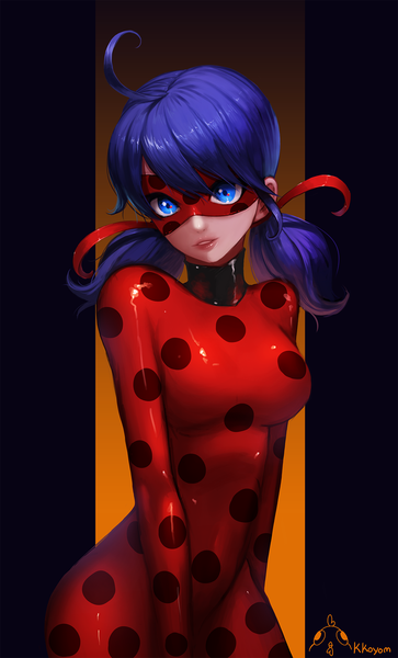 Anime picture 1000x1650 with miraculous ladybug marinette cheng ladybug (character) ango single long hair tall image breasts blue eyes twintails blue hair ahoge parted lips head tilt lips low twintails polka dot girl bodysuit mask