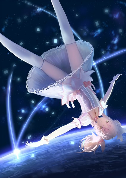 Anime picture 1500x2124 with mahou shoujo madoka magica shaft (studio) kaname madoka zha tang tang yu single long hair tall image looking at viewer fringe twintails pink hair pink eyes light smile sunlight night short sleeves puffy sleeves night sky spread arms upside down