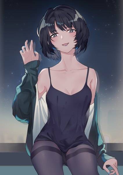 Anime picture 2480x3508 with original tsubasa19900920 single tall image looking at viewer blush fringe highres short hair breasts open mouth light erotic black hair smile sitting bare shoulders black eyes off shoulder open jacket lipstick