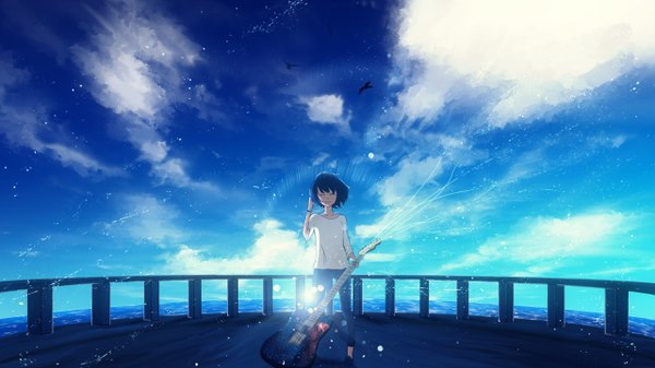 Anime picture 2560x1440 with original y y (ysk ygc) single highres short hair black hair wide image standing sky cloud (clouds) eyes closed horizon girl musical instrument guitar