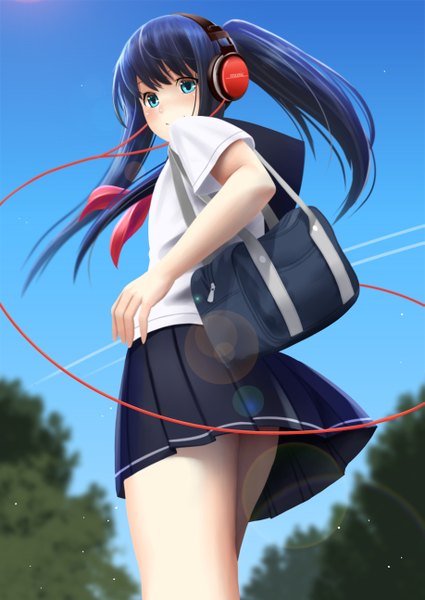 Anime picture 917x1294 with original kurei mamoru single long hair tall image blush blue eyes smile blue hair ponytail girl skirt serafuku headphones school bag