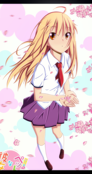 Anime picture 573x1074 with sakura-sou no pet na kanojo j.c. staff shiina mashiro nuclearagent single long hair tall image blonde hair ahoge pleated skirt :o orange eyes coloring letterboxed girl skirt uniform school uniform petals socks