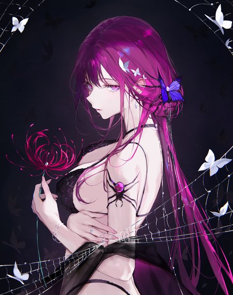 Anime picture 3696x4676 with honkai: star rail honkai (series) kafka (honkai: star rail) qiandaiyiyu single long hair tall image looking at viewer fringe highres breasts open mouth light erotic simple background hair between eyes large breasts standing purple eyes holding payot