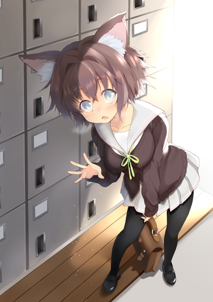 Anime picture 1748x2480 with original harunoibuki single tall image looking at viewer blush highres short hair open mouth blue eyes black hair animal ears cat ears teeth fang (fangs) girl skirt uniform school uniform miniskirt