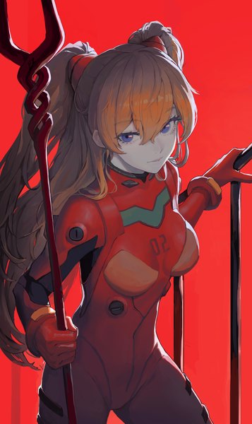 Anime picture 3953x6646 with neon genesis evangelion gainax soryu asuka langley cho gum single long hair tall image looking at viewer fringe highres blue eyes light erotic simple background hair between eyes absurdres orange hair two side up red background girl bodysuit