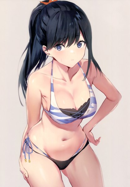 Anime picture 4200x6025 with gridman universe ssss.gridman studio trigger takarada rikka sola (solo0730) single long hair tall image looking at viewer blush fringe highres breasts blue eyes light erotic black hair simple background large breasts standing bare shoulders