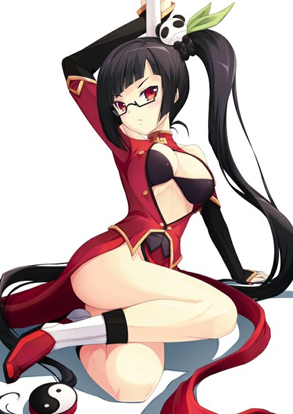 Anime picture 723x1023 with blazblue litchi faye ling yuntea single tall image breasts light erotic black hair simple background red eyes white background ponytail very long hair girl dress glasses lingerie bra