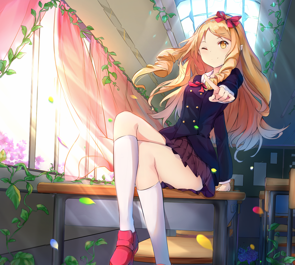 Anime picture 1676x1507 with eromanga sensei a-1 pictures yamada elf mosta (lo1777789) single long hair blonde hair smile sitting yellow eyes one eye closed pointy ears wink sunlight arm support crossed legs drill hair pointing classroom girl