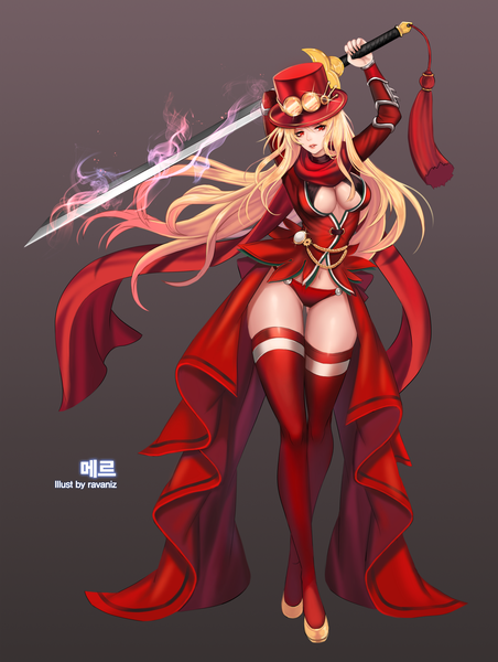 Anime picture 2000x2651 with dungeon and fighter ravaniz single long hair tall image looking at viewer highres breasts light erotic blonde hair red eyes glowing girl thighhighs underwear panties weapon black thighhighs hat sword