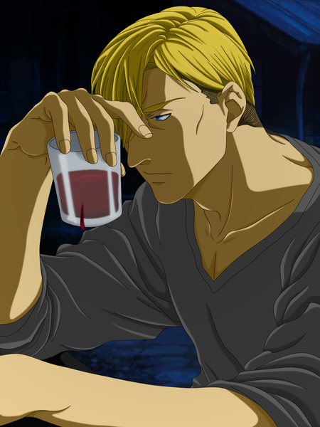 Anime picture 1000x1334 with shingeki no kyojin production i.g erwin smith flowerinhell single tall image short hair blue eyes blonde hair brown hair boy building (buildings) glass house wine