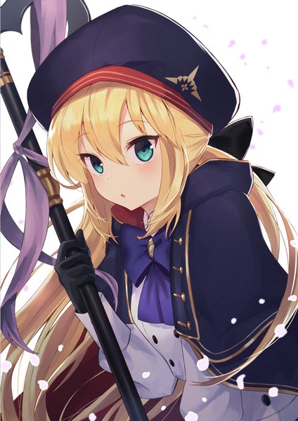 Anime picture 723x1023 with fate (series) fate/grand order artoria pendragon (all) artoria caster (fate) itsumi mita single long hair tall image fringe blonde hair hair between eyes white background upper body aqua eyes girl gloves black gloves beret